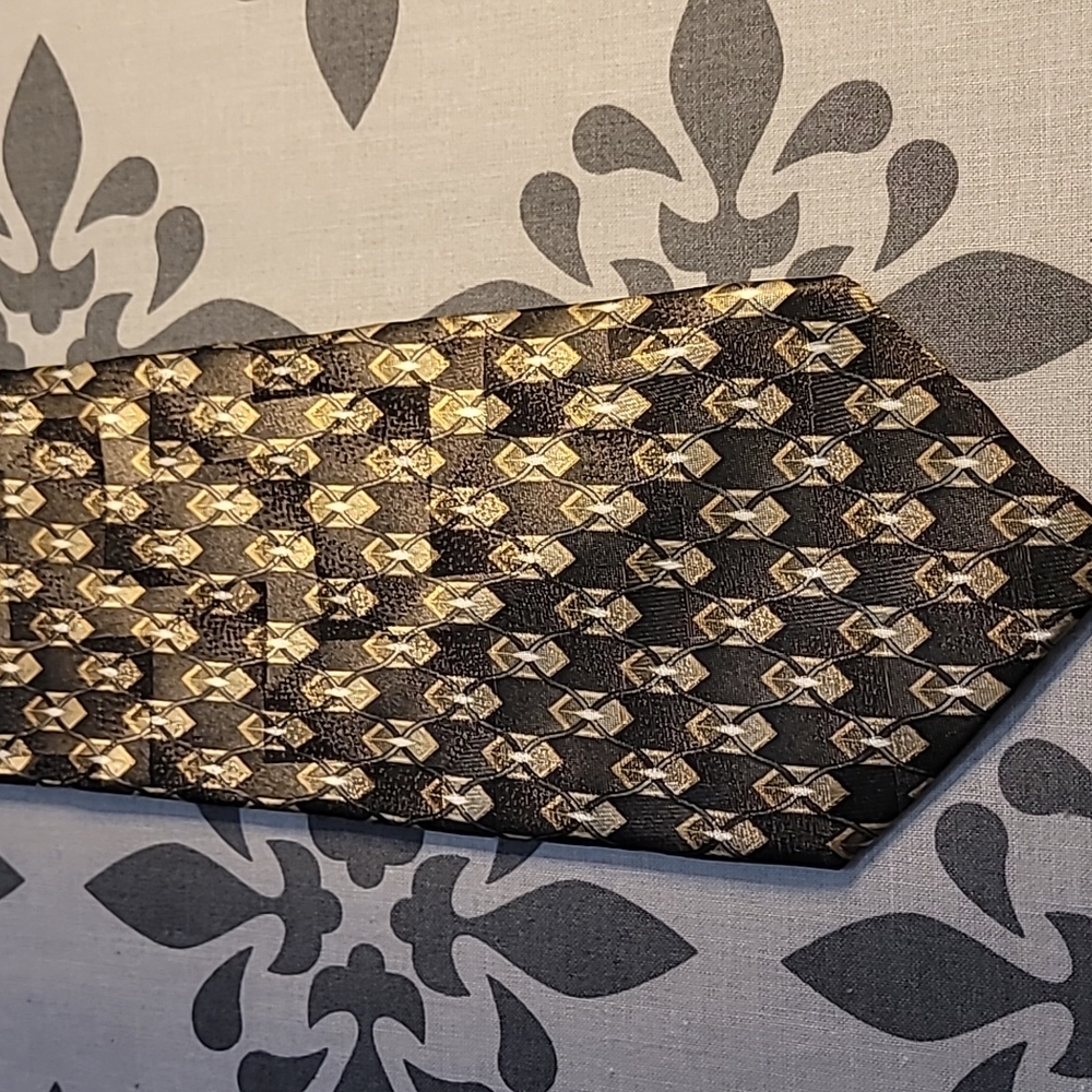 Puritan Dark Grey and Black Tie with Gold and White Shapes